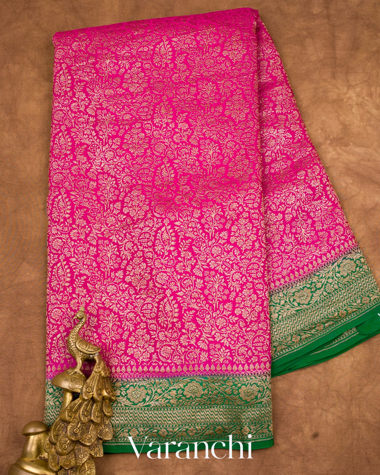Royal Pink Heavy Brocade Pure Crepe Silk Handloom Saree