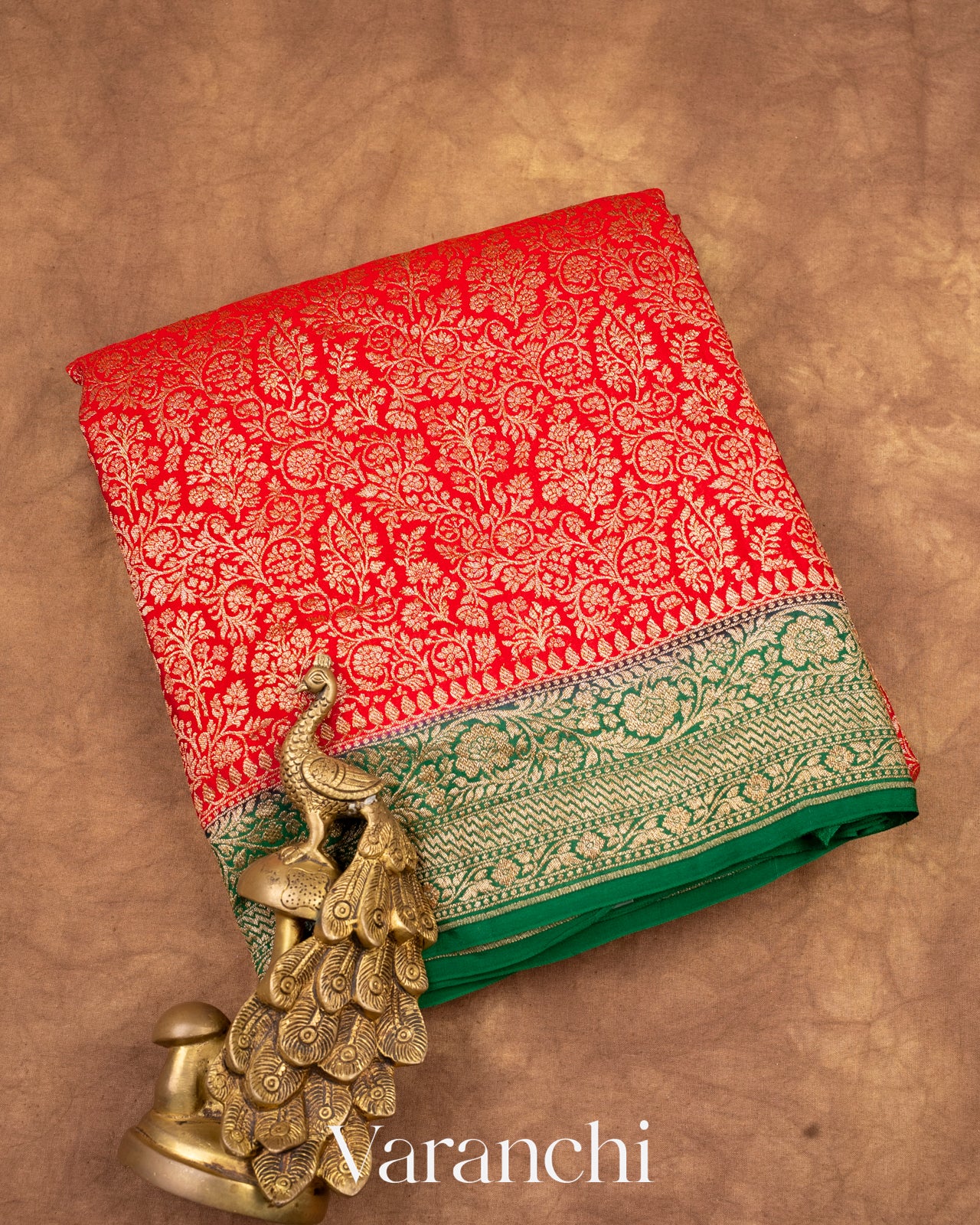 Bright Red Heavy Brocade Pure Crepe Silk Handloom Saree