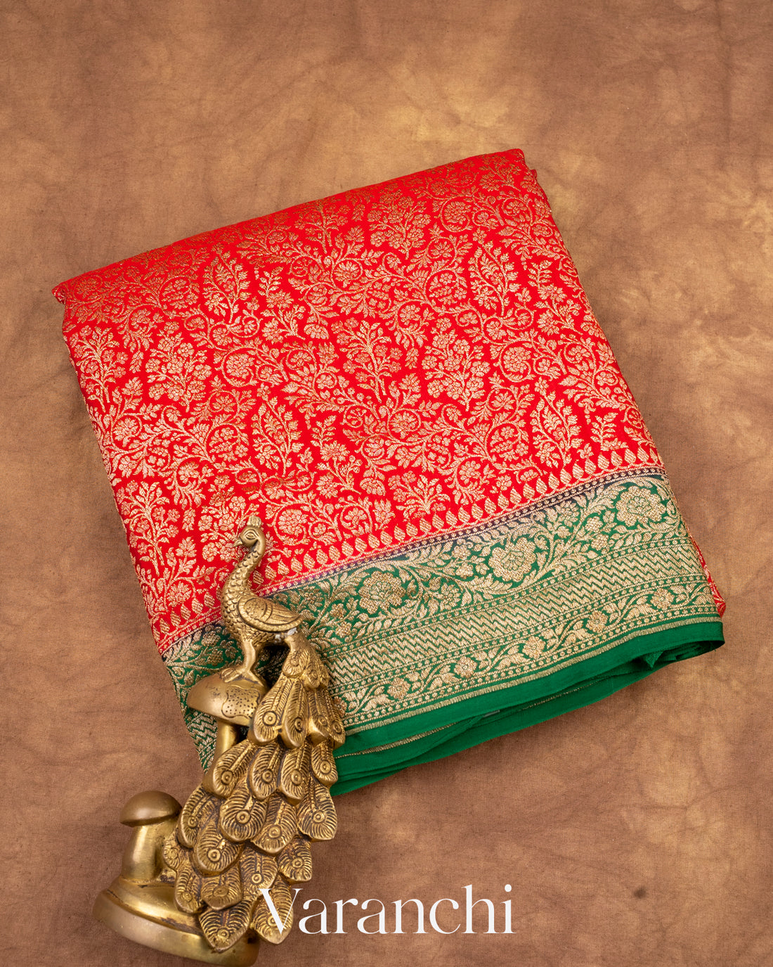 Bright Red Heavy Brocade Pure Crepe Silk Handloom Saree