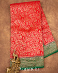 Bright Red Heavy Brocade Pure Crepe Silk Handloom Saree