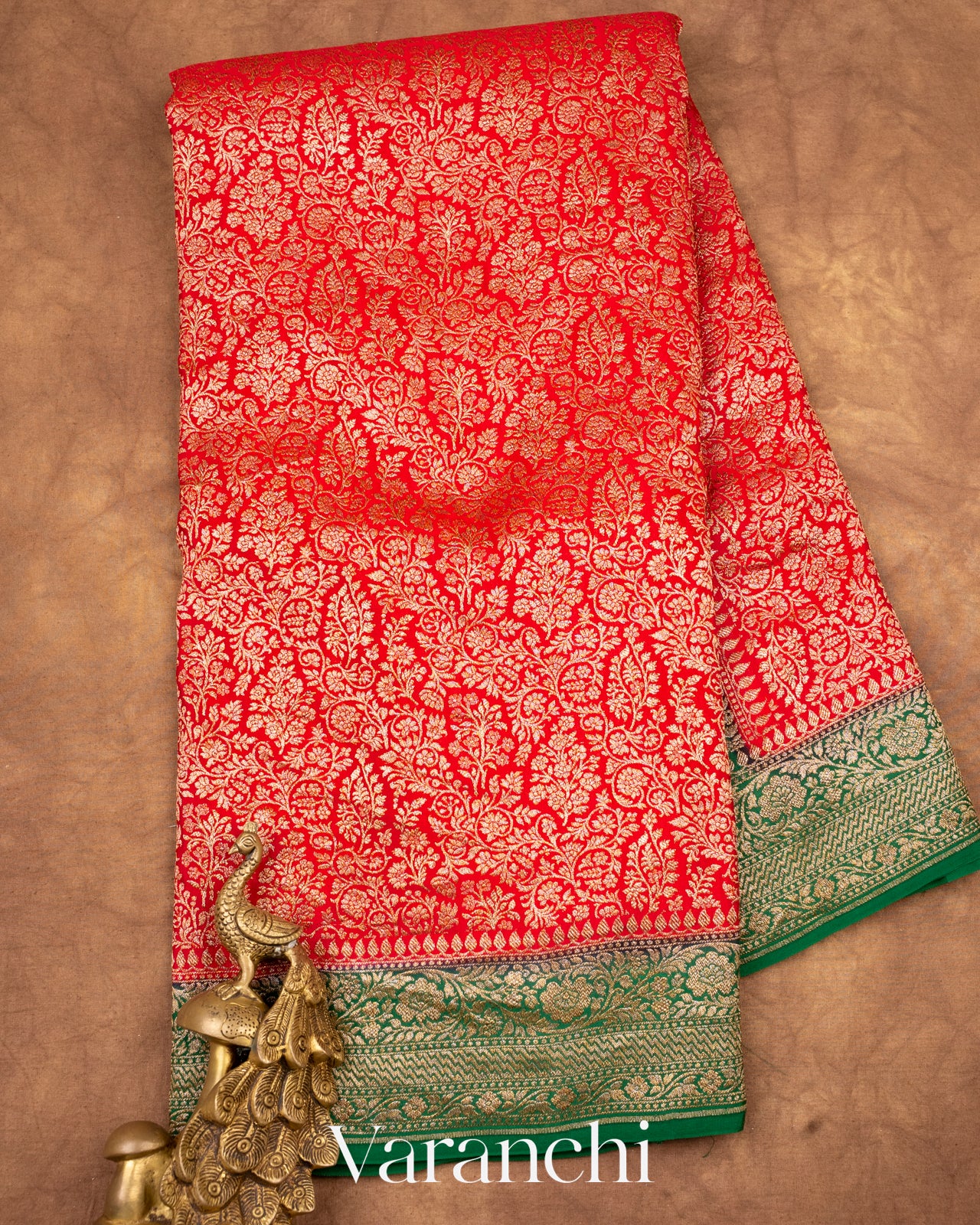 Bright Red Heavy Brocade Pure Crepe Silk Handloom Saree