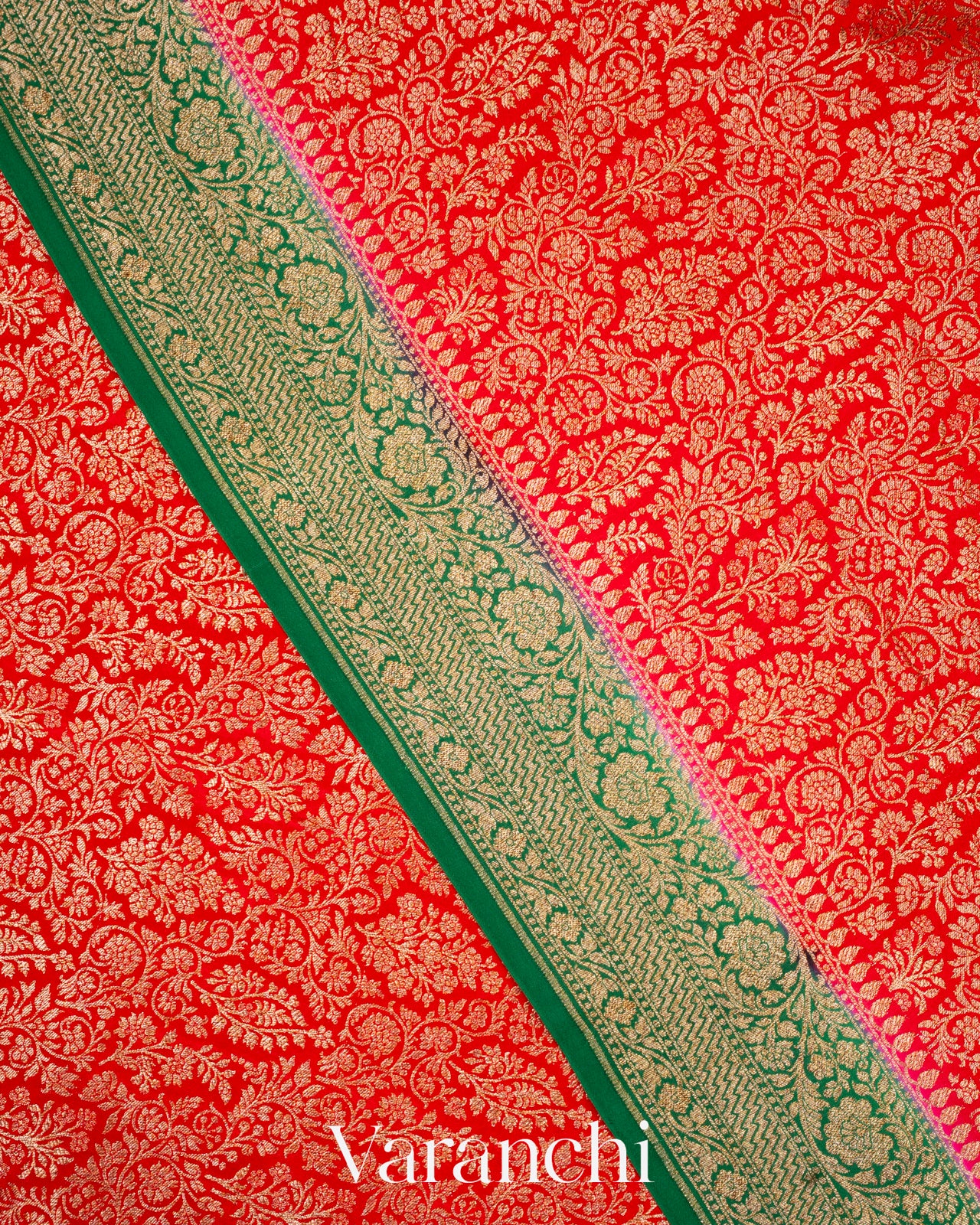 Bright Red Heavy Brocade Pure Crepe Silk Handloom Saree