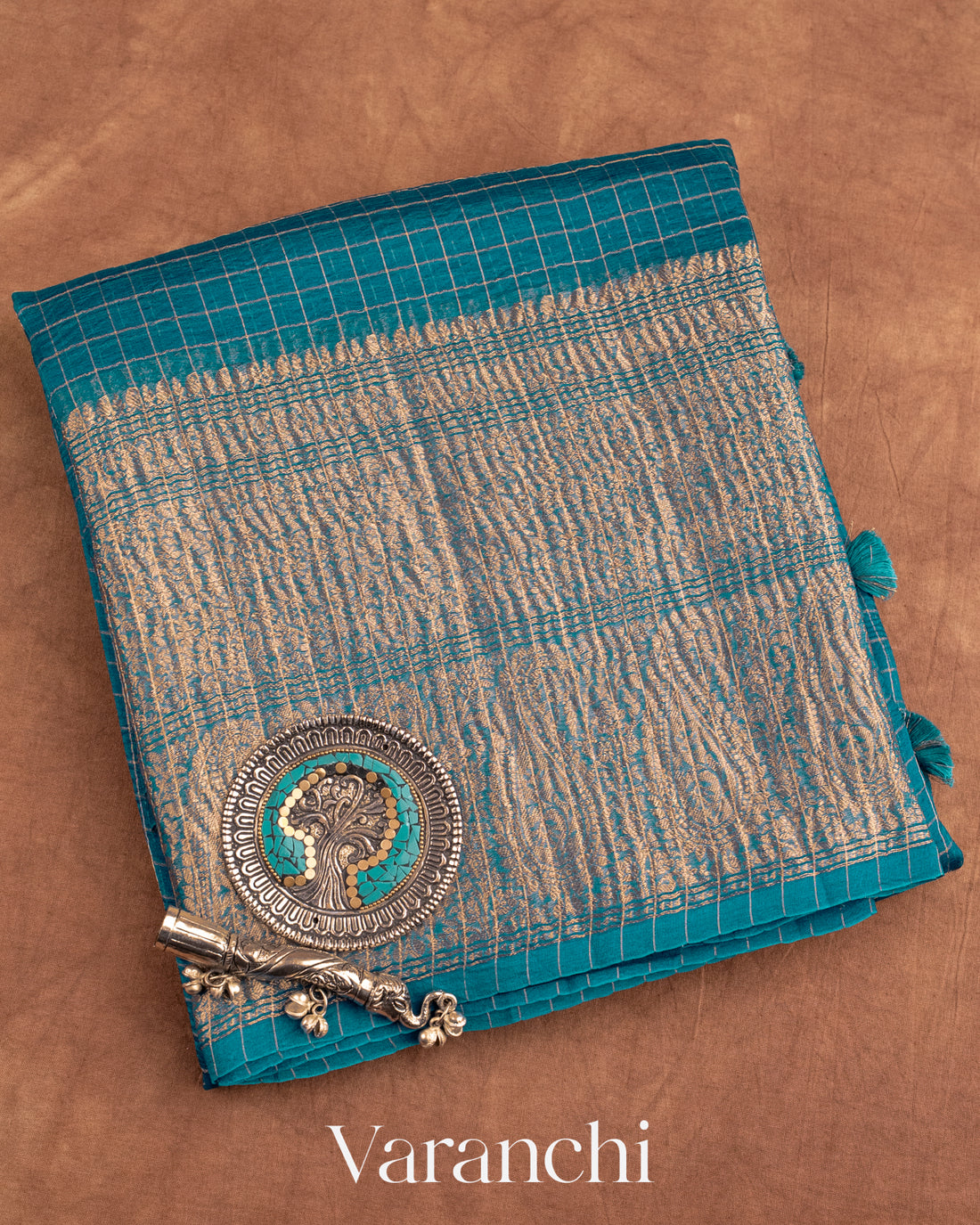 Peacock Blue Pure Crush Kora Silk Saree