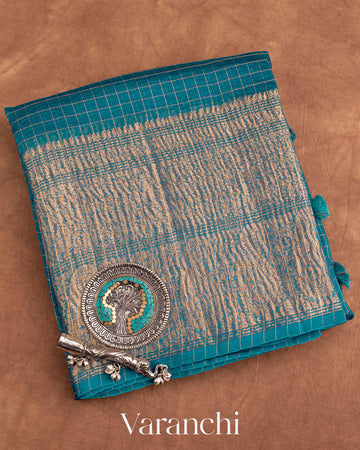 Peacock Blue Pure Crush Kora Silk Saree