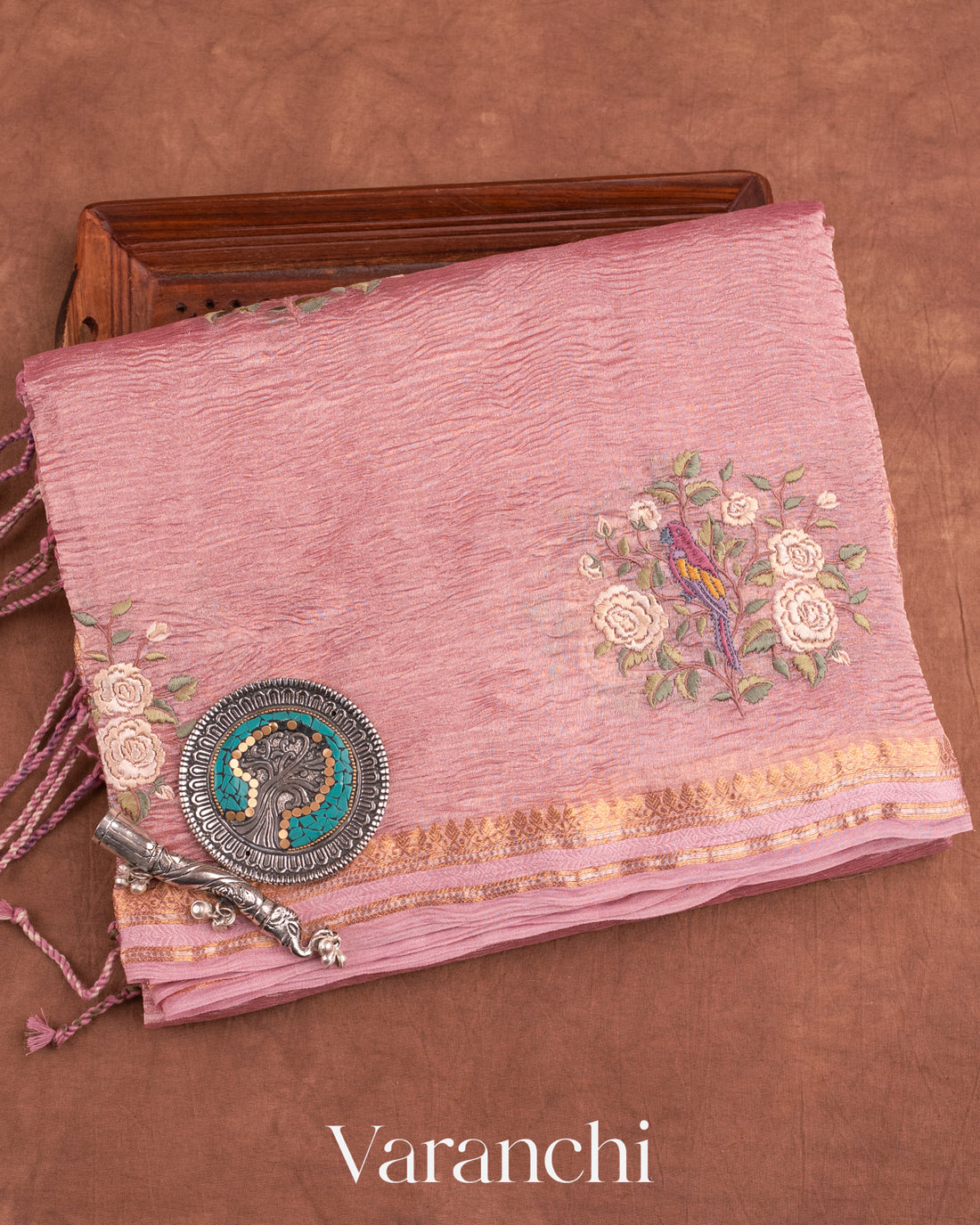 Light Rose Pure Crush Tissue Embroidered Kora Silk Saree