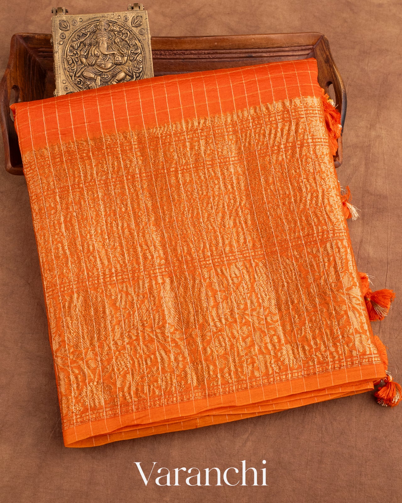 Bright Orange Pure Crush Kora Silk Saree