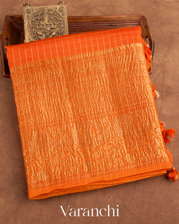 Bright Orange Pure Crush Kora Silk Saree