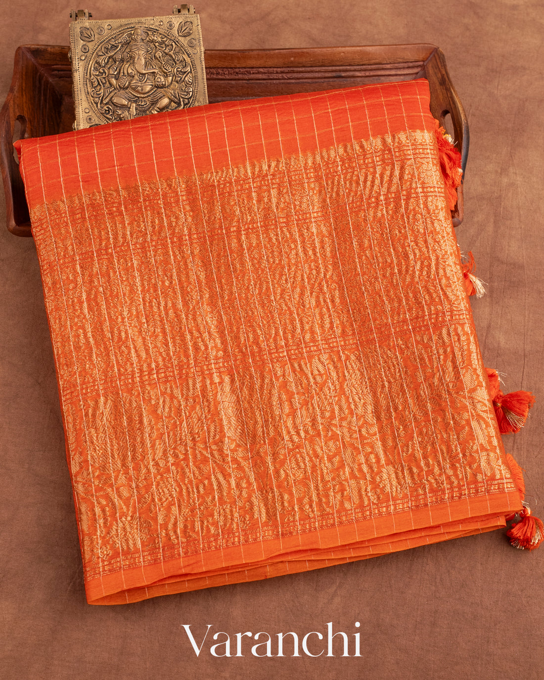 Bright Orange Pure Crush Kora Silk Saree