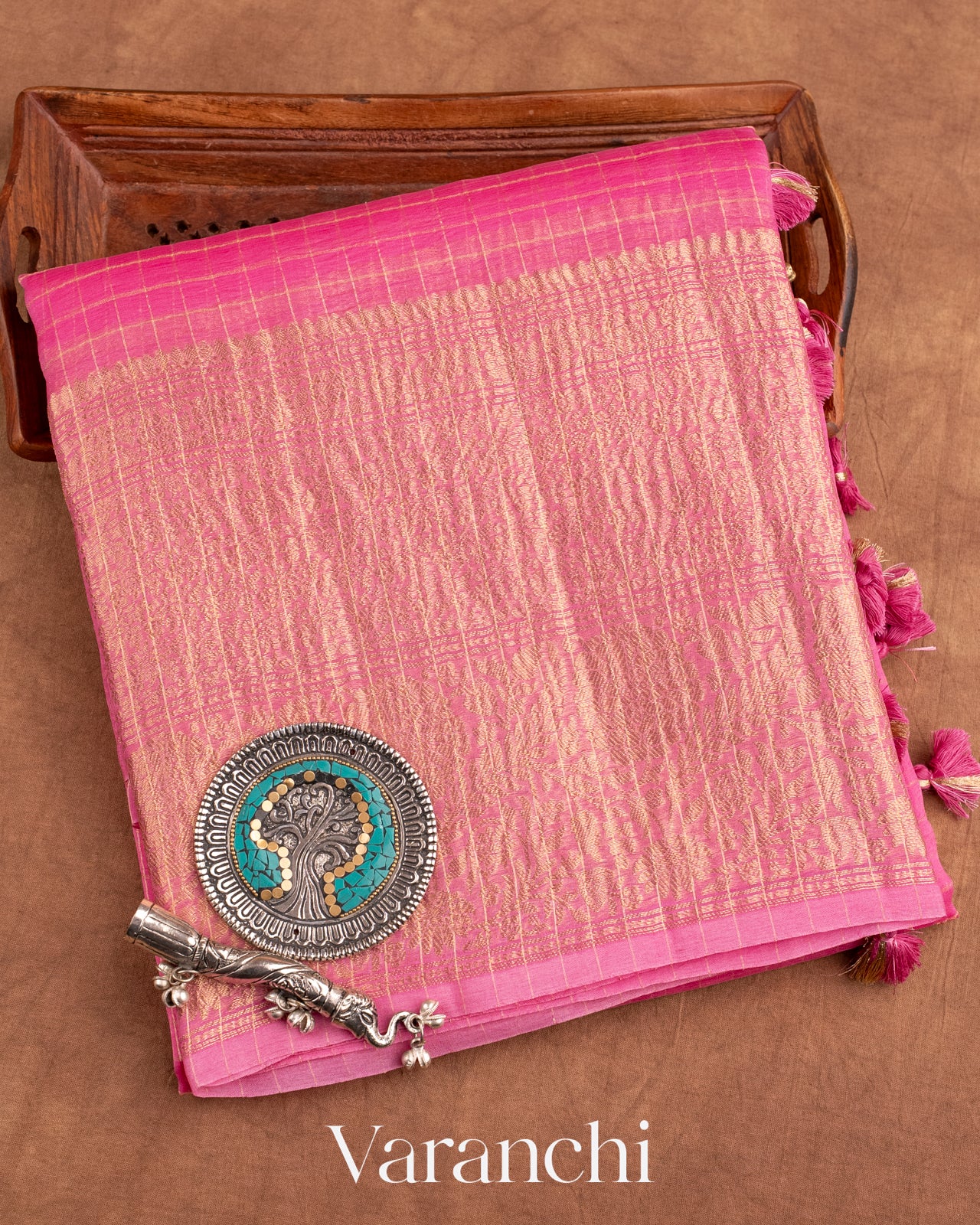 Rose Pink Pure Crush Kora Silk Saree