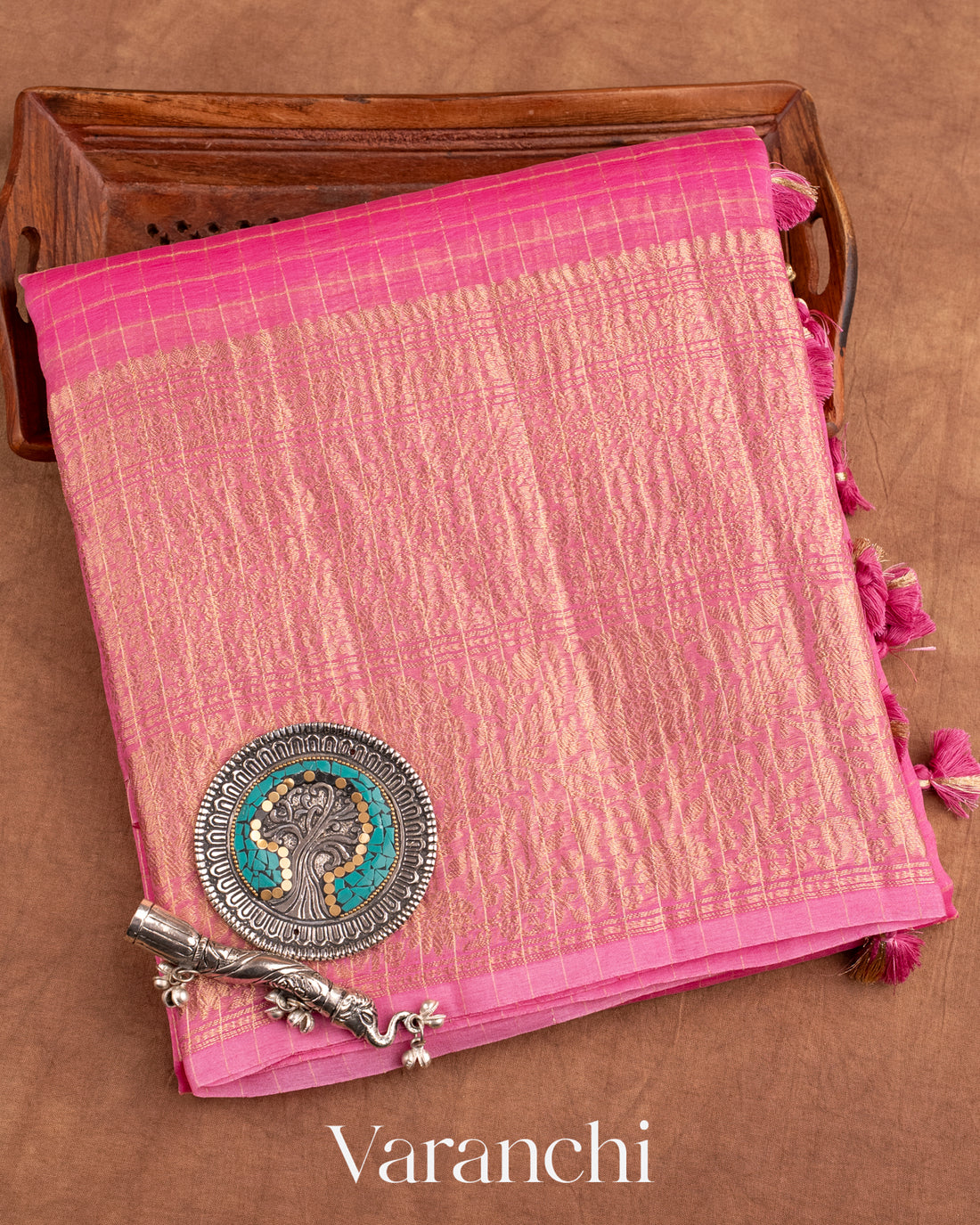 Rose Pink Pure Crush Kora Silk Saree