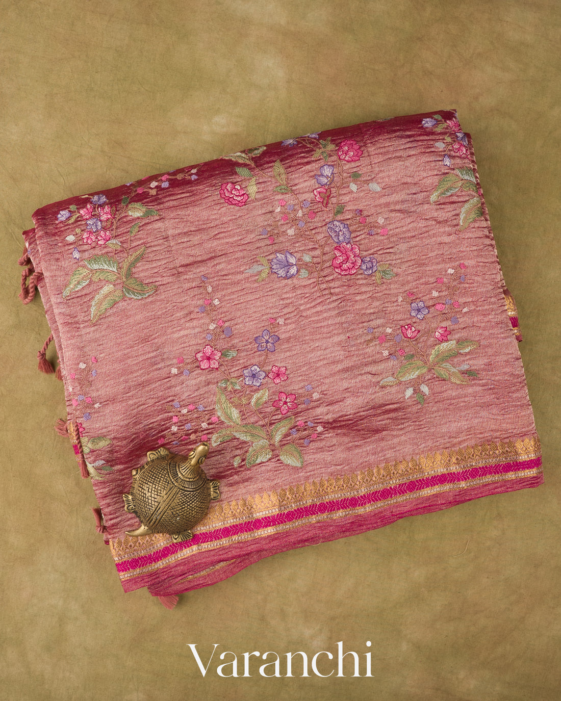 Rani Pink  Floral Embroidered Pure Crush Tissue Kora Silk Saree
