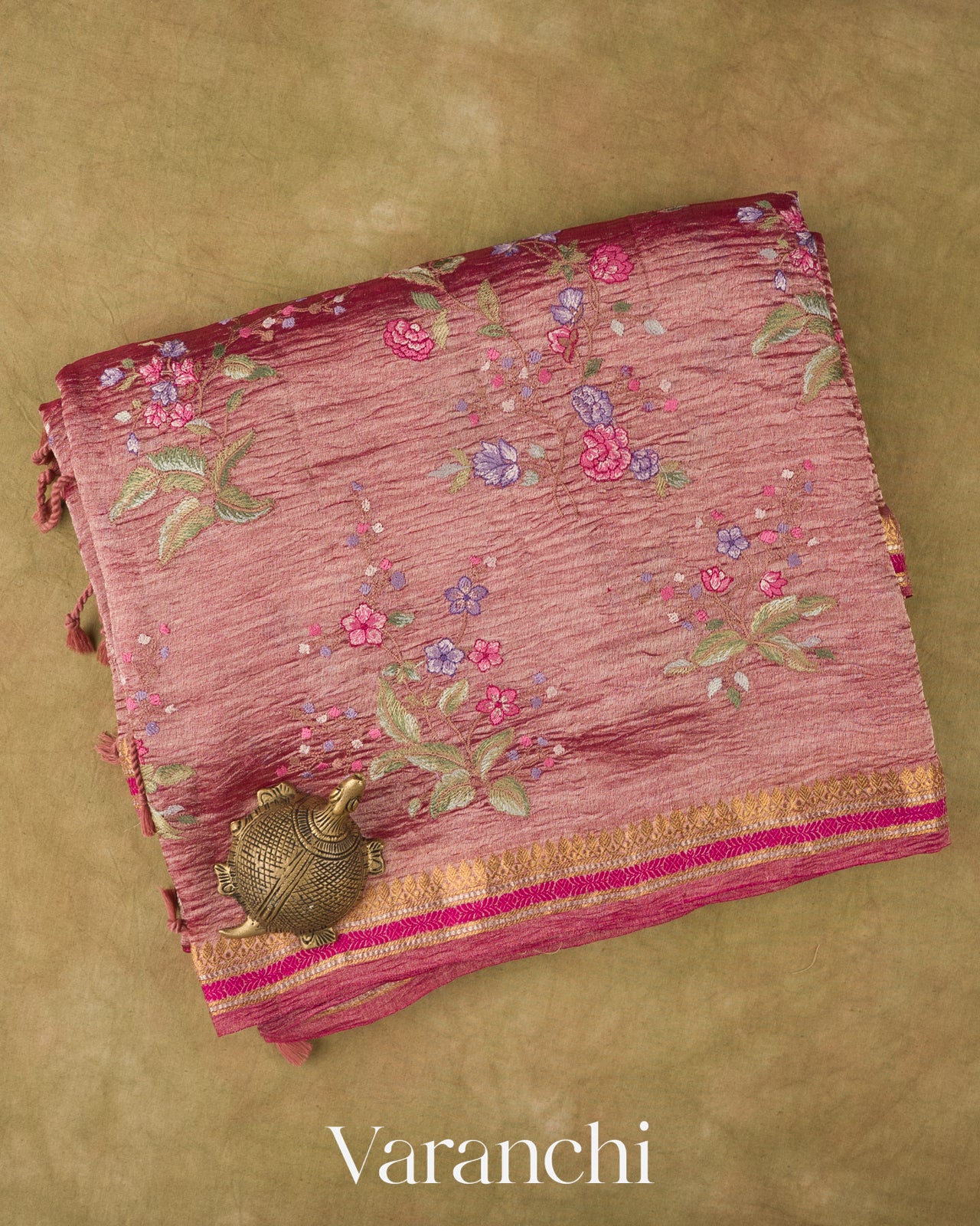 Rani Pink  Floral Embroidered Pure Crush Tissue Kora Silk Saree