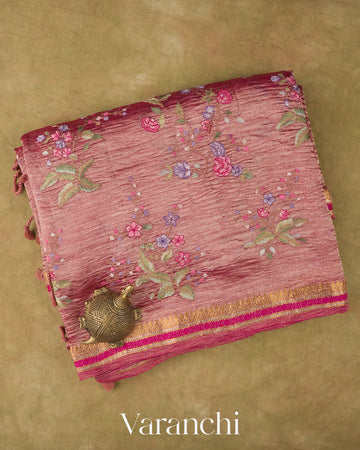 Rani Pink  Floral Embroidered Pure Crush Tissue Kora Silk Saree