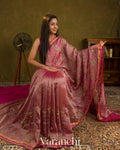 Rani Pink  Floral Embroidered Pure Crush Tissue Kora Silk Saree