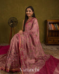 Rani Pink  Floral Embroidered Pure Crush Tissue Kora Silk Saree