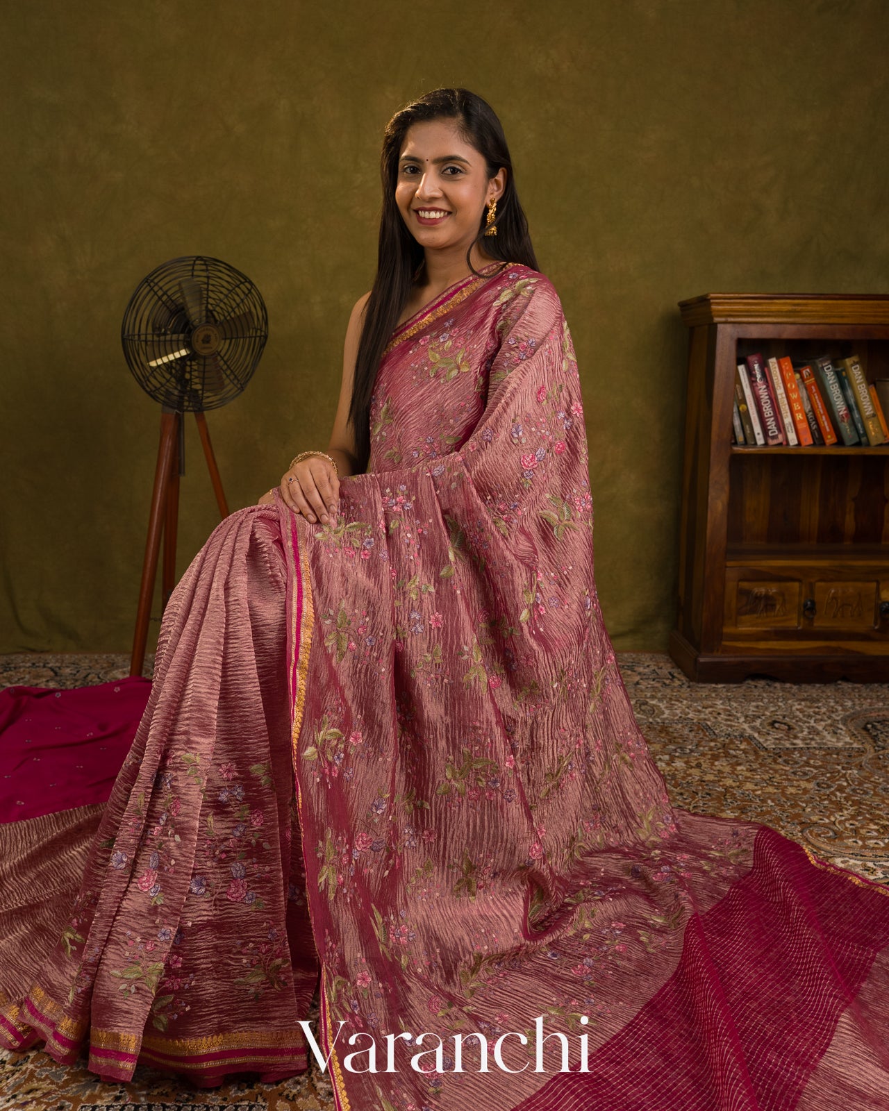 Rani Pink  Floral Embroidered Pure Crush Tissue Kora Silk Saree