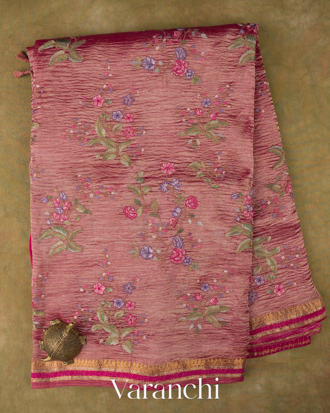 Rani Pink  Floral Embroidered Pure Crush Tissue Kora Silk Saree