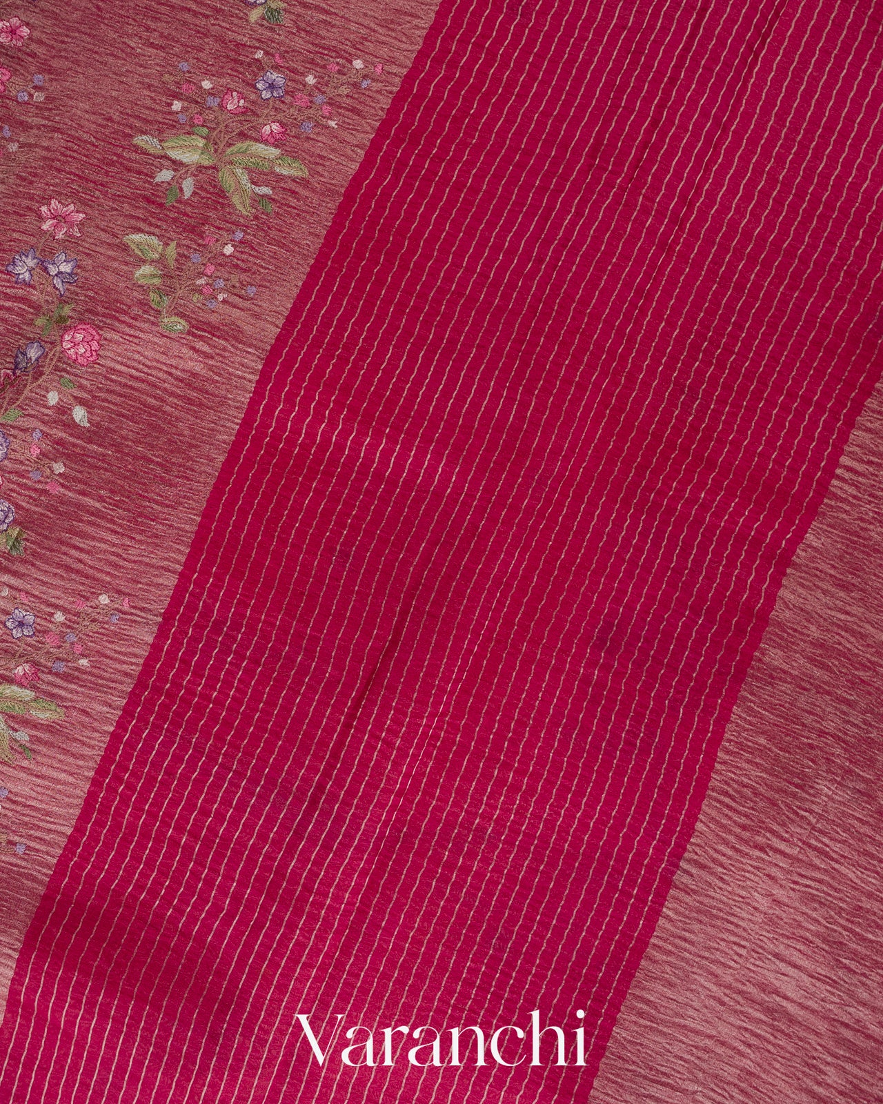 Rani Pink  Floral Embroidered Pure Crush Tissue Kora Silk Saree