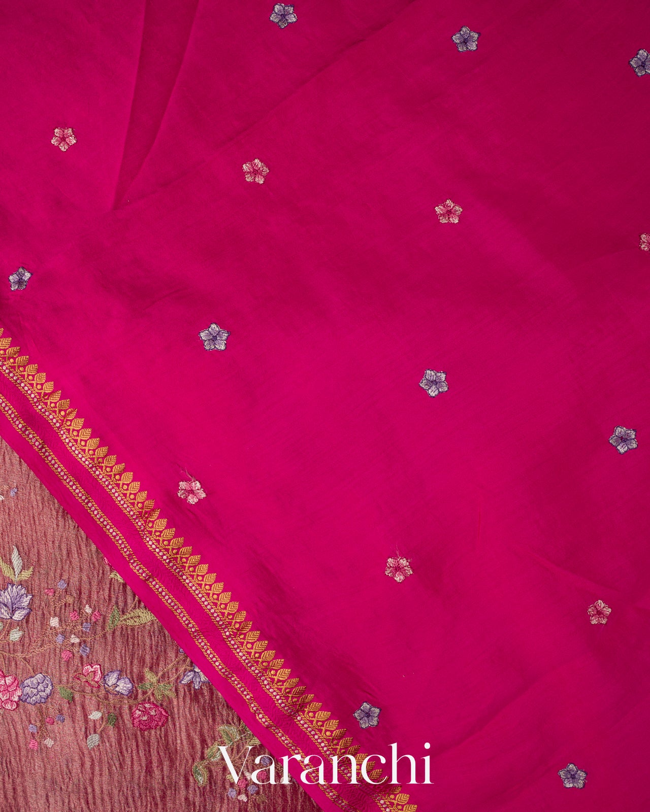 Rani Pink  Floral Embroidered Pure Crush Tissue Kora Silk Saree
