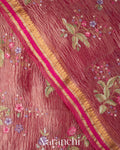 Rani Pink  Floral Embroidered Pure Crush Tissue Kora Silk Saree