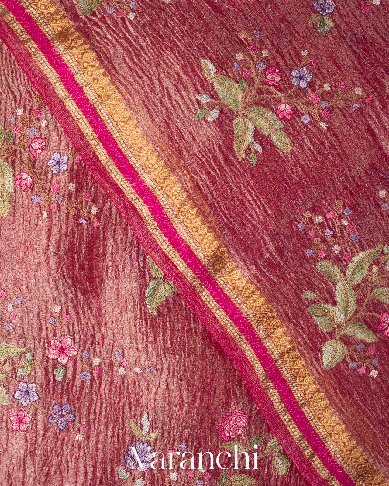 Rani Pink  Floral Embroidered Pure Crush Tissue Kora Silk Saree