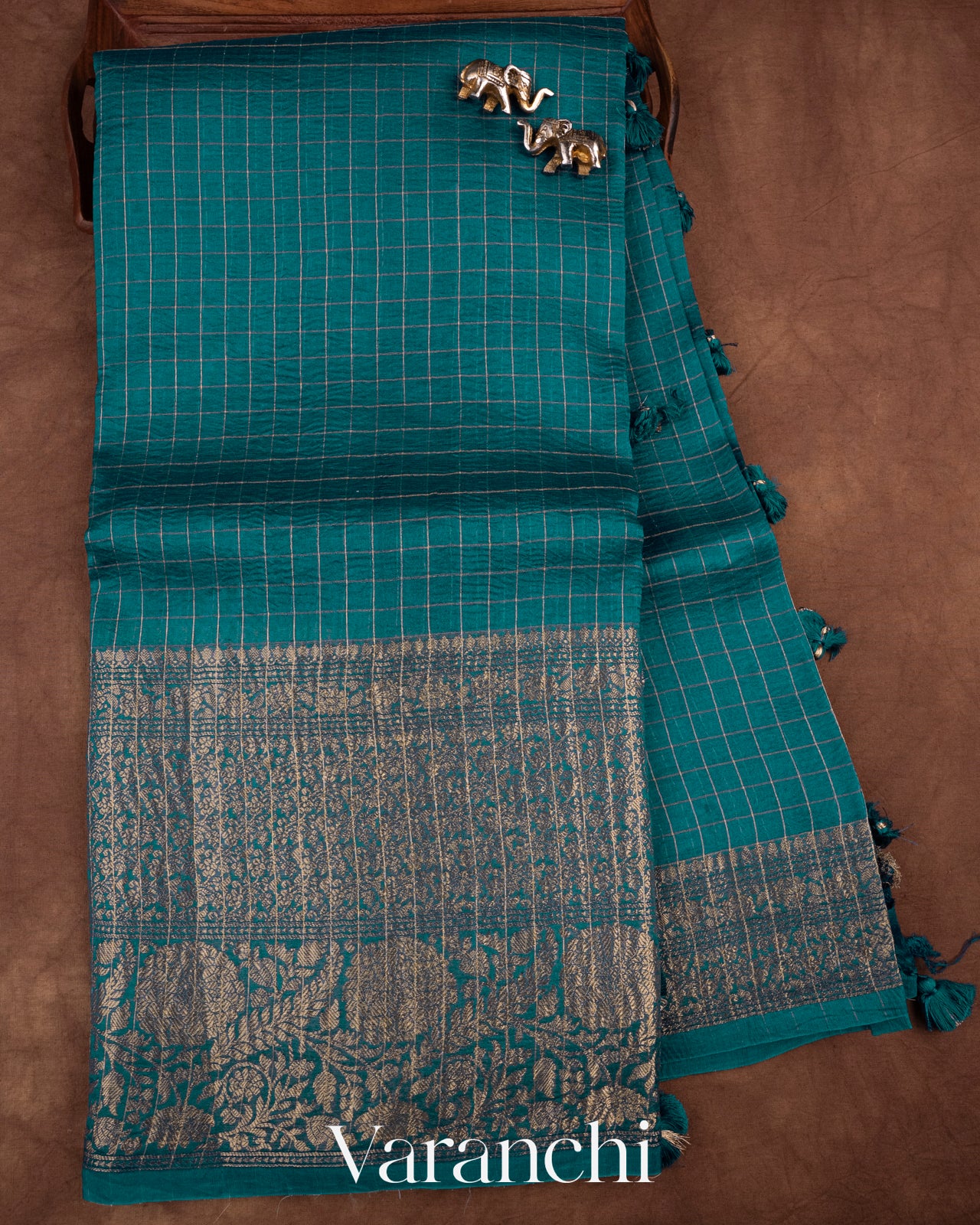 Prussian Blue Pure Crush Kora Silk Saree