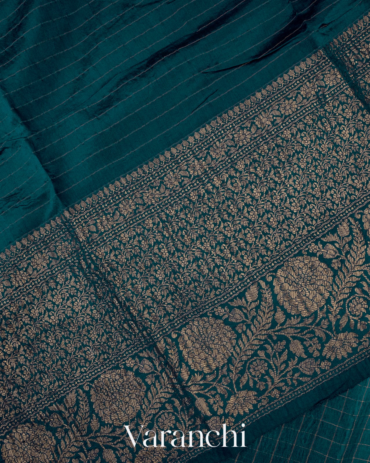 Prussian Blue Pure Crush Kora Silk Saree