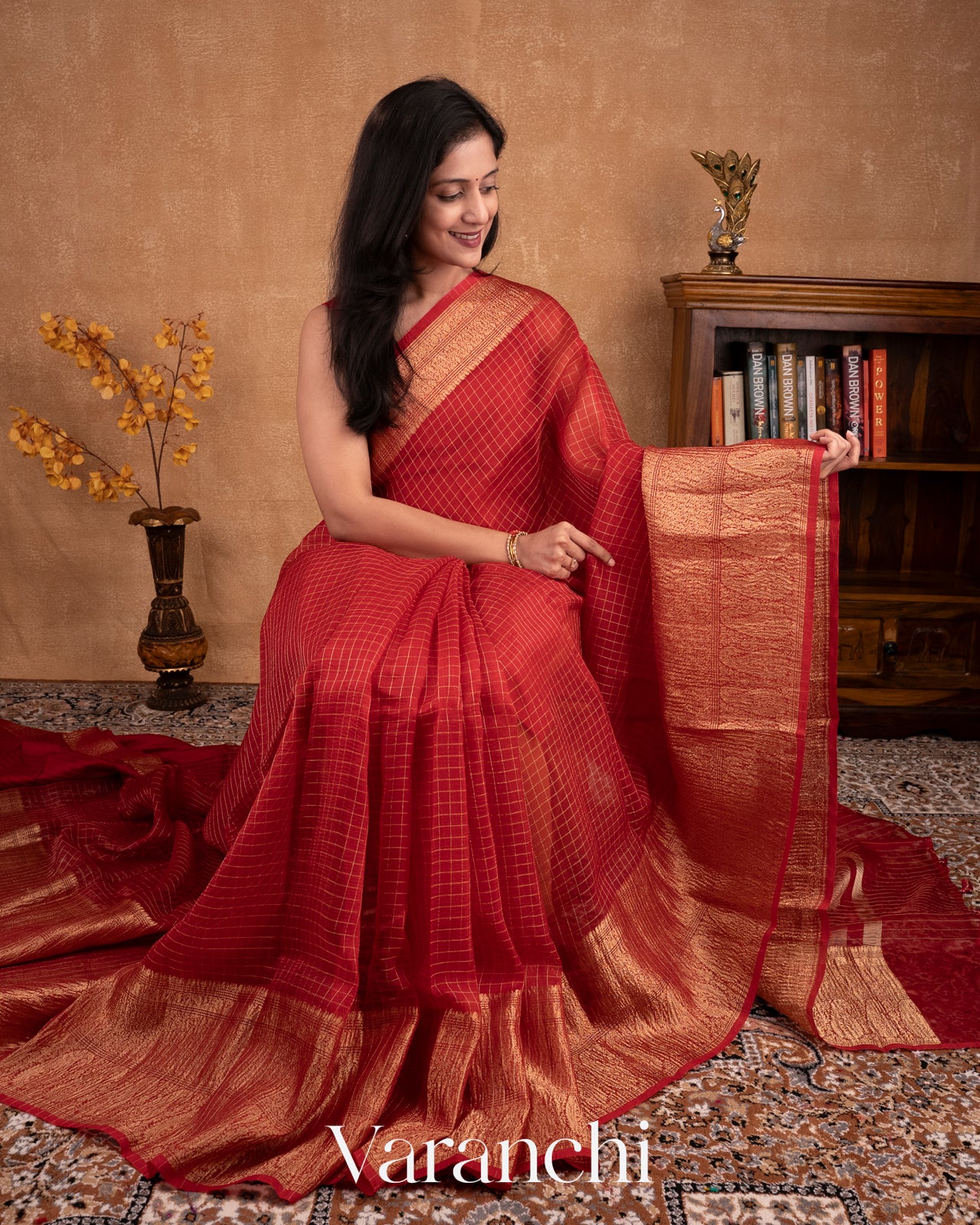 Deep Red Pure Crush Kora Silk Saree