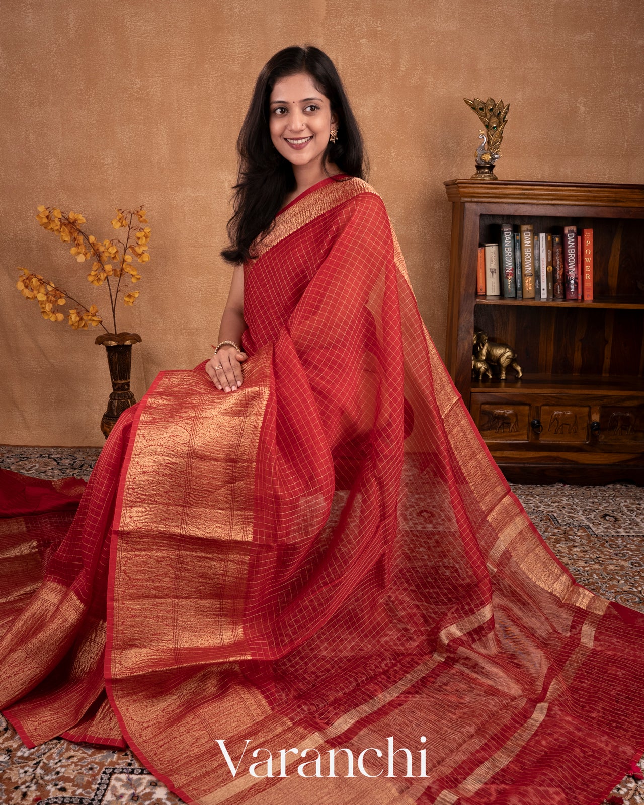 Deep Red Pure Crush Kora Silk Saree