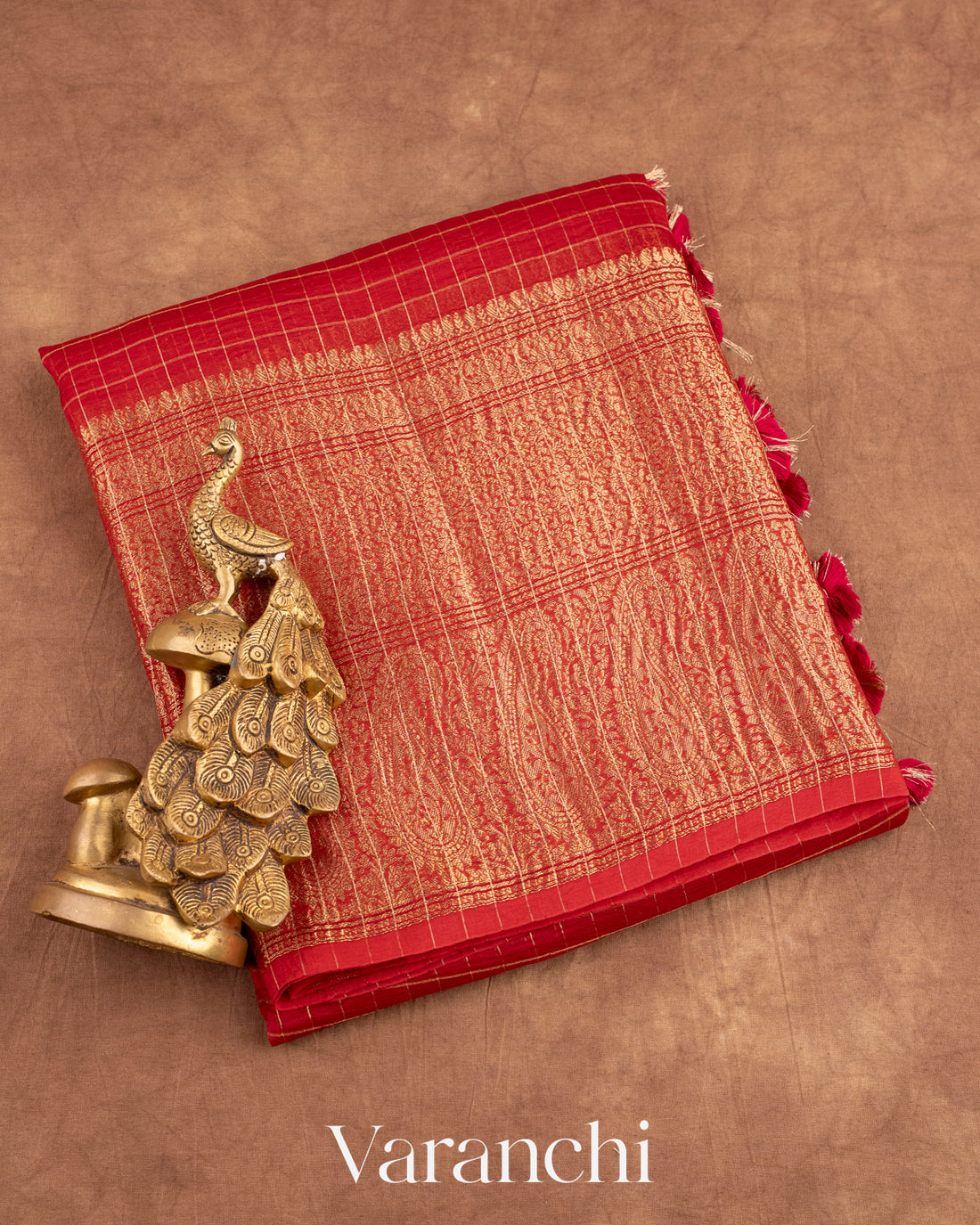 Deep Red Pure Crush Kora Silk Saree