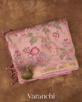 Baby Pink Cross-Stitch Embroidered Pure Crush Tissue Kora Silk Saree