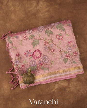 Baby Pink Cross-Stitch Embroidered Pure Crush Tissue Kora Silk Saree