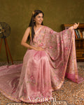 Baby Pink Cross-Stitch Embroidered Pure Crush Tissue Kora Silk Saree