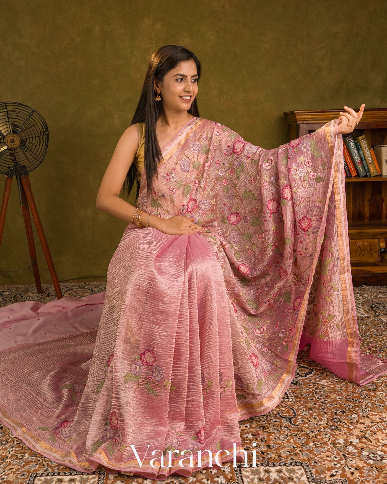 Baby Pink Cross-Stitch Embroidered Pure Crush Tissue Kora Silk Saree