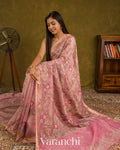 Baby Pink Cross-Stitch Embroidered Pure Crush Tissue Kora Silk Saree
