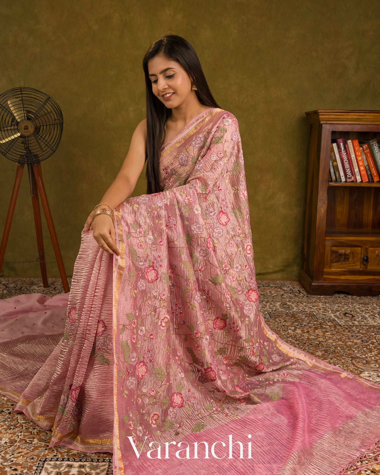 Baby Pink Cross-Stitch Embroidered Pure Crush Tissue Kora Silk Saree