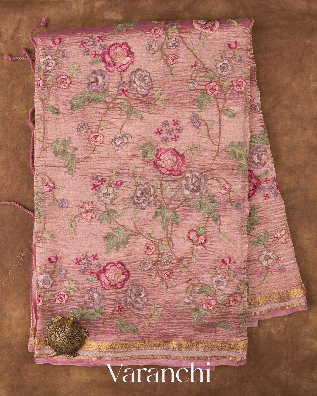 Baby Pink Cross-Stitch Embroidered Pure Crush Tissue Kora Silk Saree