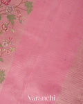 Baby Pink Cross-Stitch Embroidered Pure Crush Tissue Kora Silk Saree