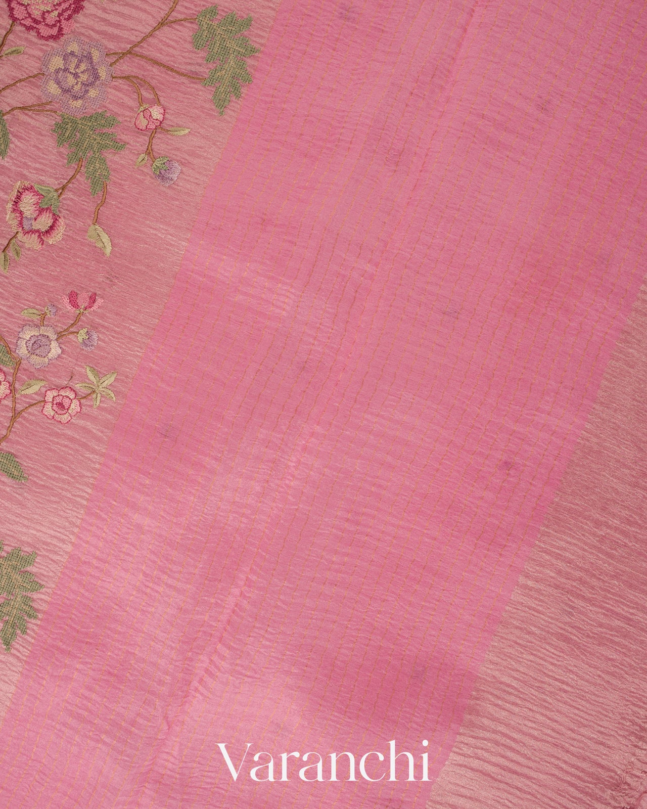 Baby Pink Cross-Stitch Embroidered Pure Crush Tissue Kora Silk Saree