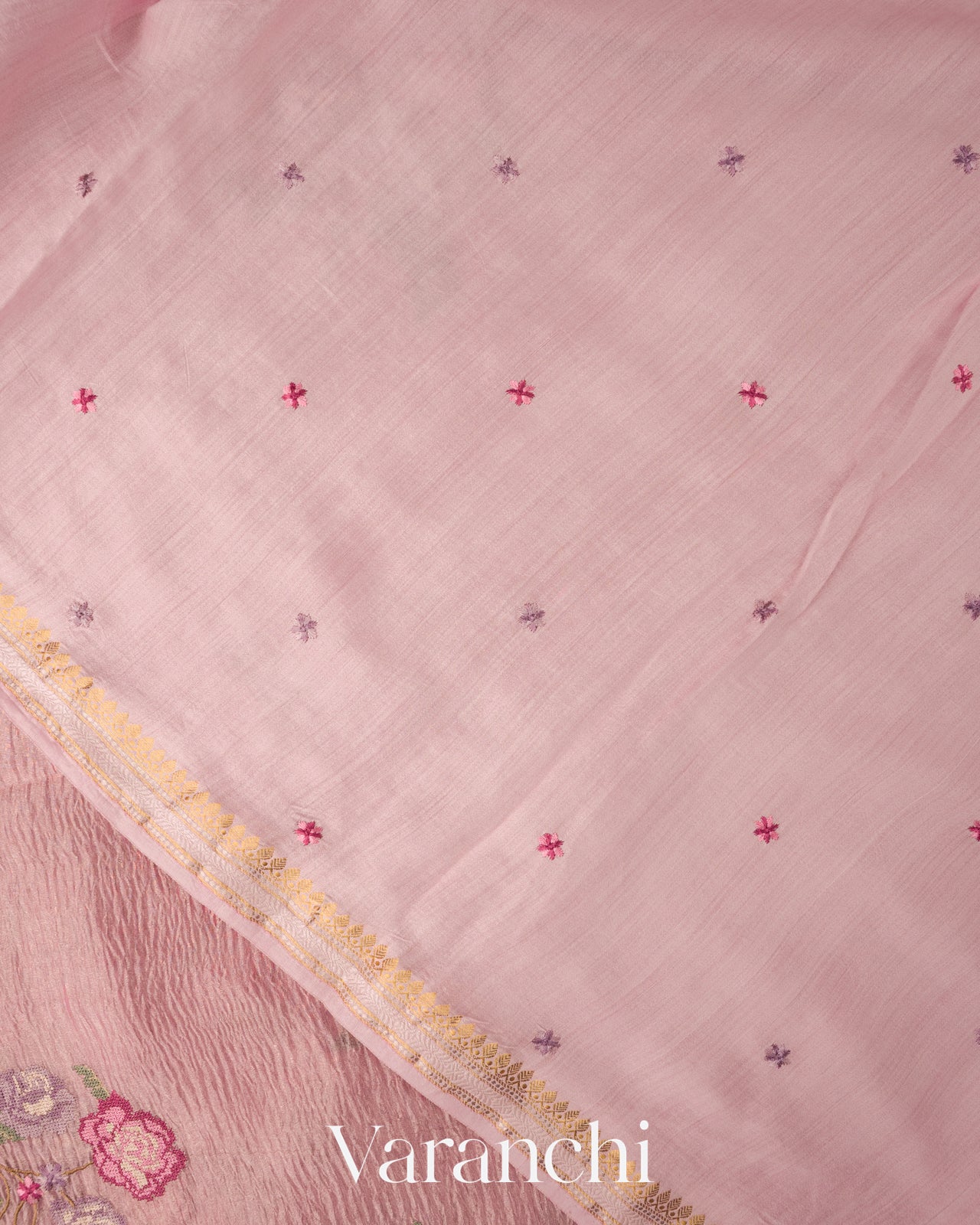 Baby Pink Cross-Stitch Embroidered Pure Crush Tissue Kora Silk Saree