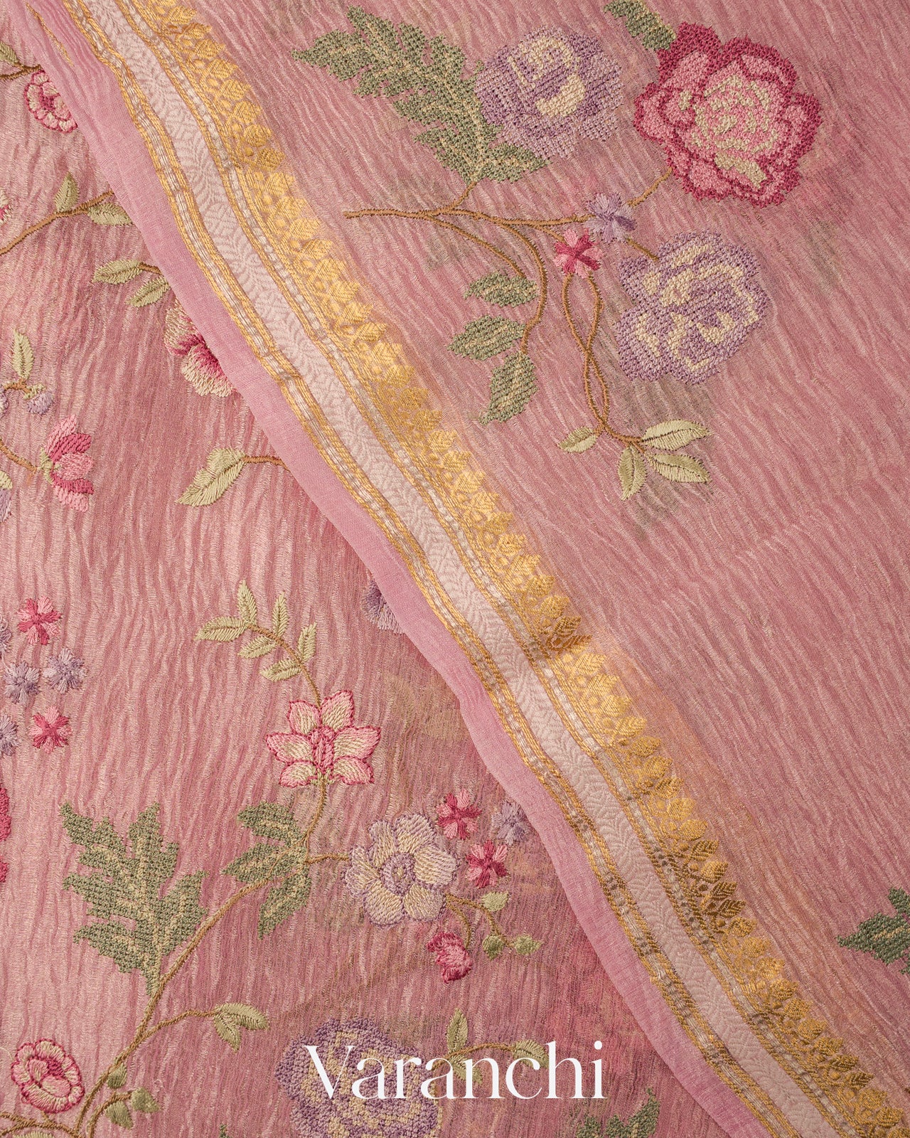 Baby Pink Cross-Stitch Embroidered Pure Crush Tissue Kora Silk Saree