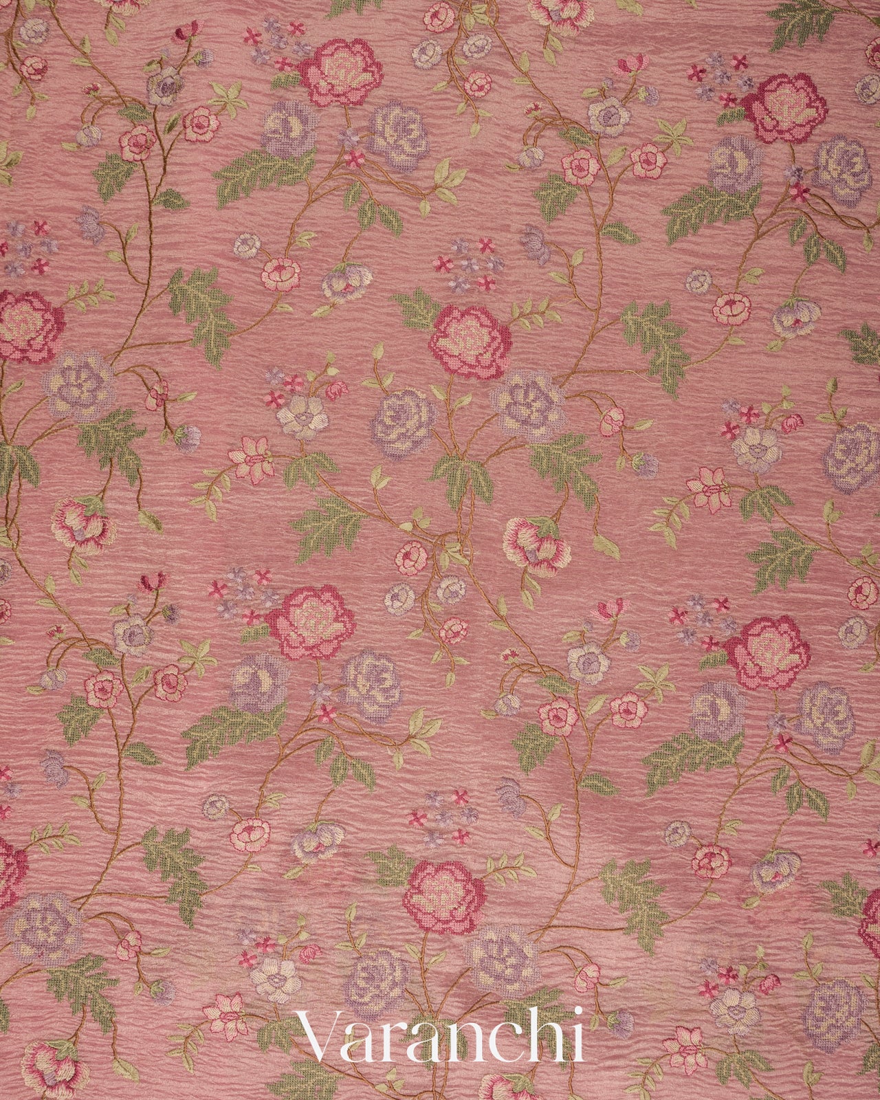 Baby Pink Cross-Stitch Embroidered Pure Crush Tissue Kora Silk Saree