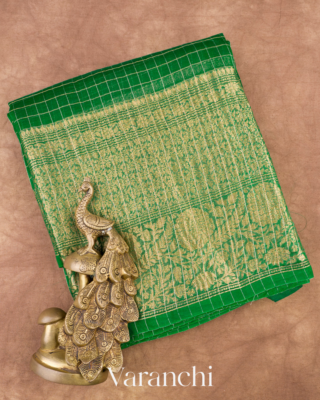 Dark Green Pure Crush Tissue Kora Silk Saree