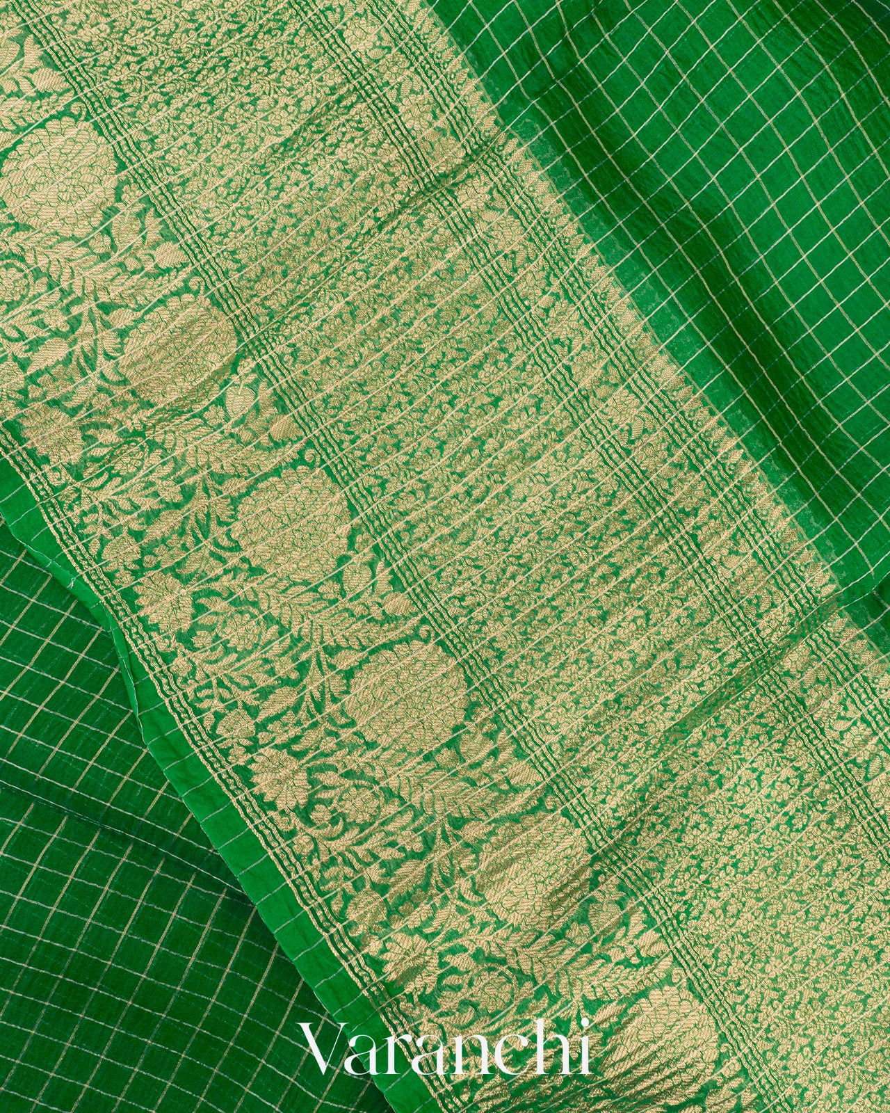 Dark Green Pure Crush Tissue Kora Silk Saree