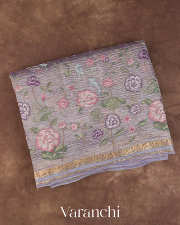 Lavender Pure Crush Tissue Kora Silk Saree 