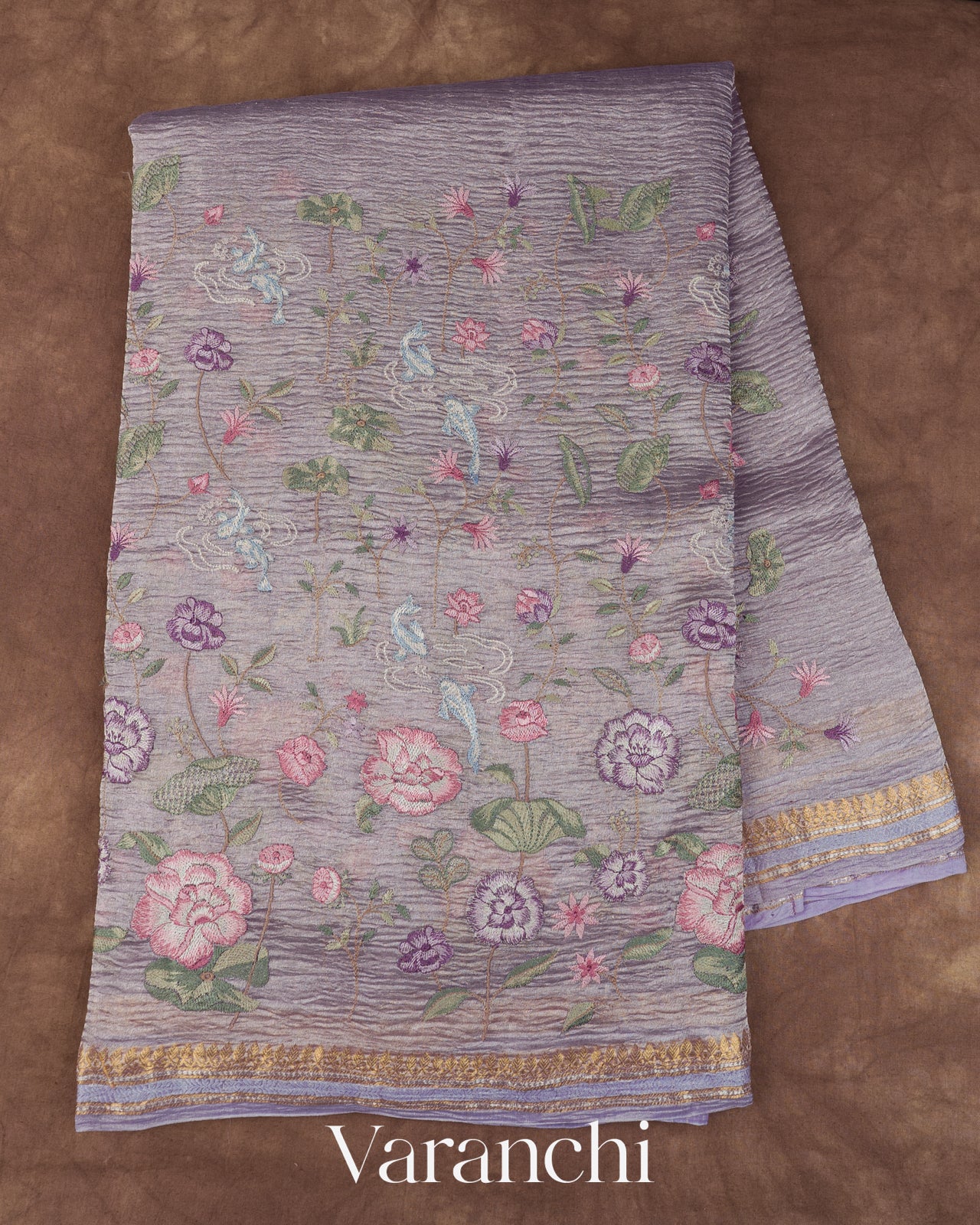 Lavender Pure Crush Tissue Kora Silk Saree 