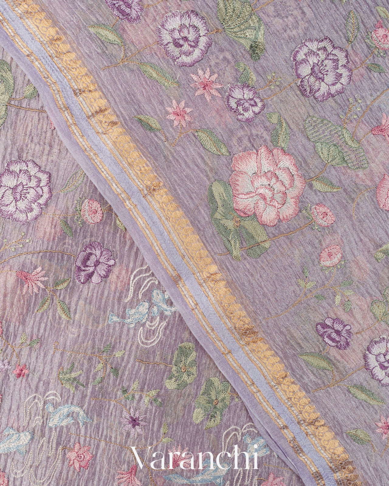 Lavender Pure Crush Tissue Kora Silk Saree 