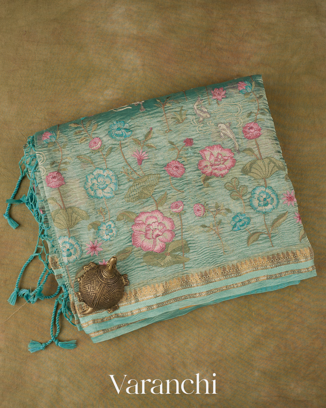 Turquoise Blue Floral Embroidered Pure Crush Tissue Kora Silk Saree