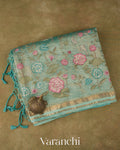 Turquoise Blue Floral Embroidered Pure Crush Tissue Kora Silk Saree