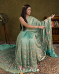 Turquoise Blue Floral Embroidered Pure Crush Tissue Kora Silk Saree